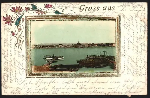 Lithographie Neuwied, Panorama mit Dampferanlegestelle