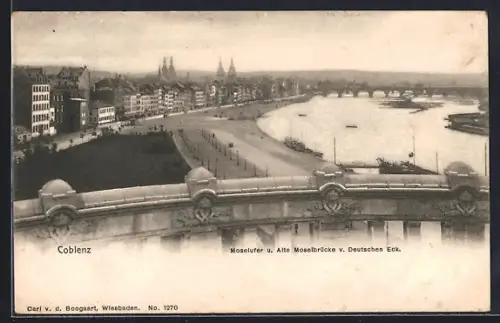 AK Koblenz, Moselufer und Alte Moselbrücke vom Deutschen Eck aus gesehen