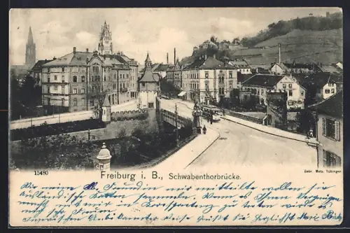 AK Freiburg / Breisgau, Partie a. d. Schwabenthorbrücke m. Strassenbahn