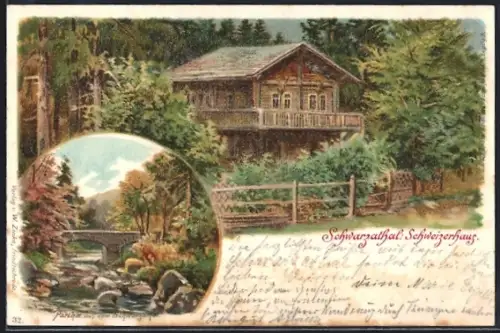 Lithographie Schwarzburg, Gasthaus Schweizerhaus, Partie im Schwarzatal