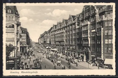 AK Hamburg, Mönckebergstrasse mit Geschäften und Strassenbahn