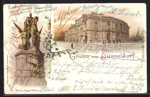 Lithographie Düsseldorf, Theater, Denkmal Kaiser Wilhelm I.