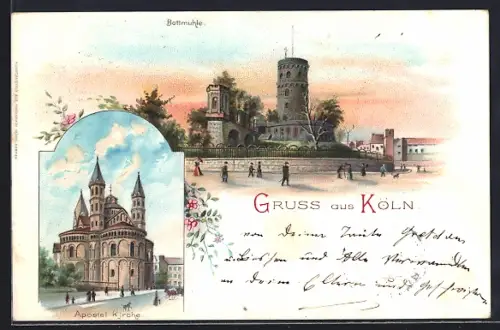Lithographie Köln, Apostelkirche und Bottmühle