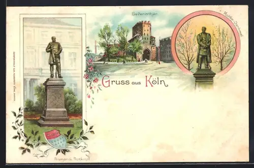Lithographie Köln, Bismarck-Denkmal, Severintor, Moltke-Denkmal, Wappen