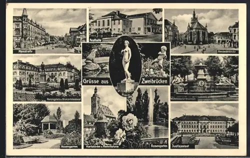 AK Zweibrücken, Maxstrasse, Rosengarten, Wittelsbacherbrunnen, Justizpalast