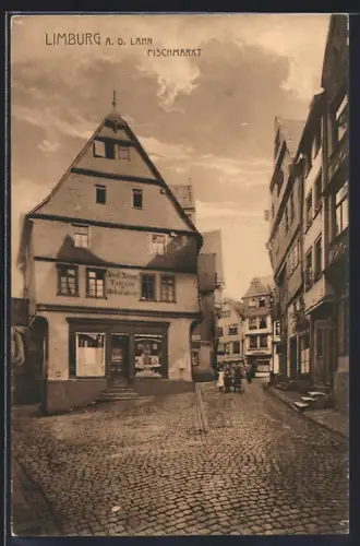 AK Limburg a. d. Lahn, Fischmarkt mit Tapezier-Geschäft Josef Seibel