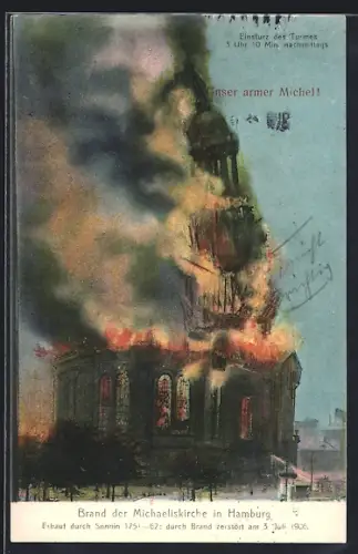 AK Hamburg-Neustadt, Brand der Michaeliskirche am 3. Juli 1906, Einsturz des Turmes