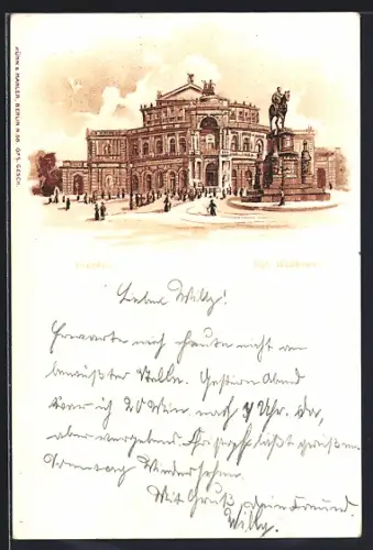 Lithographie Dresden, Königliches Hoftheater mit Denkmal