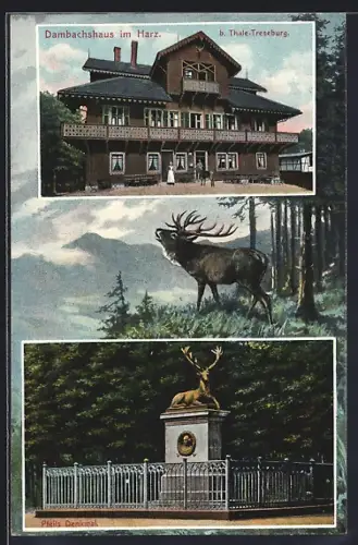 AK Thale-Treseburg /Harz, Gasthaus Dambachshaus mit Denkmal