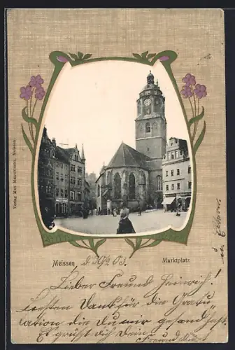 Lithographie Meissen / Elbe, Marktplatz mit Kirche und Geschäften, Passepartout