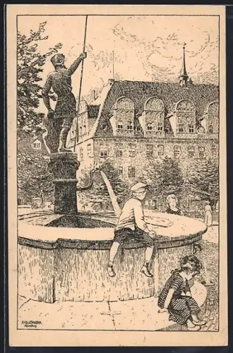 Künstler-AK Naumburg / Saale, Am Marktbrunnen