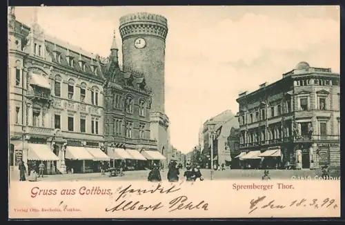 AK Cottbus, Spremberger Tor mit Geschäften und Passanten