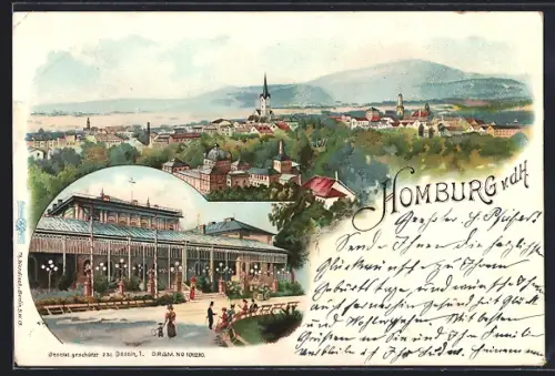 Lithographie Homburg / Saalburg, Gebäudeansicht mit Passanten