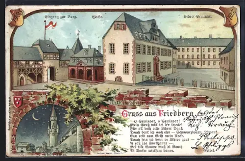 Lithographie Friedberg / Hessen, Adolfs-Thurm bei sternklarer Nacht, Eingang zur Burg, Wache und Lehrer-Seminar