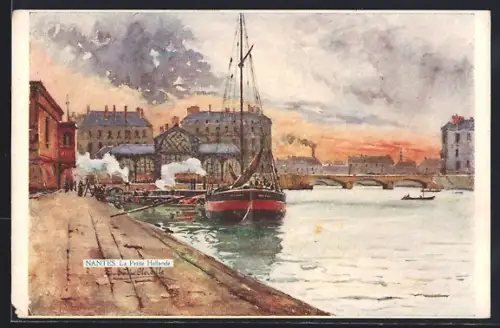 Künstler-AK Nantes, La Petite Hollande et le quai animé avec un voilier et des vapeurs