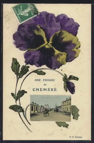 AK Cheméré, Une pensée de Cheméré avec vue de la rue principale et motif floral