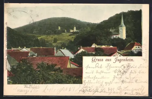 AK Jugenheim / Bergstrasse, Ortsansicht mit Kirche und Burgruine