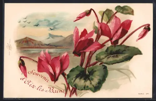 AK Aix-les-Bains, Souvenir illustré de fleurs et montagnes en arrière-plan