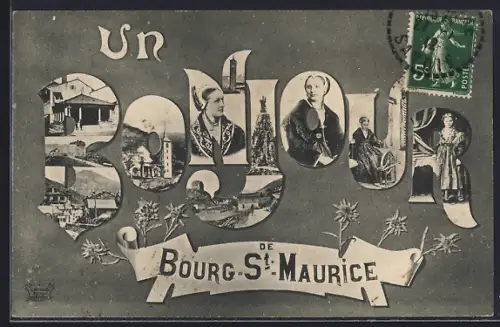 AK Bourg-Saint-Maurice, Un Souvenir de Bourg-St.-Maurice avec collages et fleurs alpines