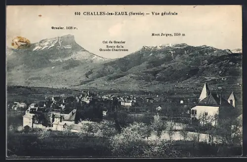 AK Challes-les-Eaux /Savoie, Vue générale du village avec le Granier et le Mont Joigny en arrière-plan