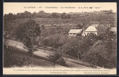 AK Chambéry, Les Charmettes, paysage bucolique et maison de J.-J. Rousseau