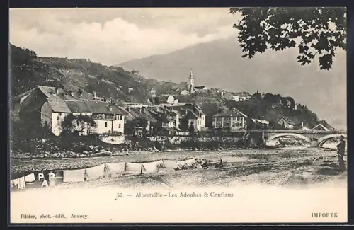 AK Albertville, Les Adoubes et Conflans avec vue sur le pont et les montagnes en arrière-plan