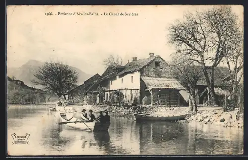 AK Savières, Le Canal et bateaux avec maisons en bordure