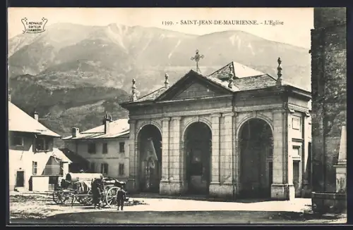 AK Saint-Jean-de-Maurienne, L`Église avec charrette au pied des montagnes