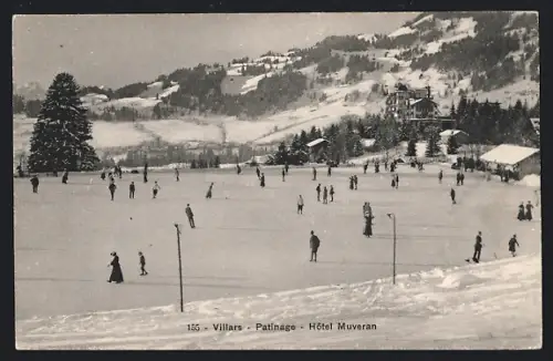 AK Villars, Patinage, Hôtel Muveran avec vue sur les montagnes enneigées