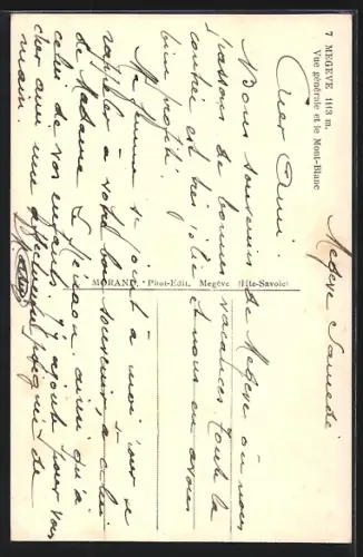 AK Megève, Vue générale et le Mont-Blanc en arrière-plan