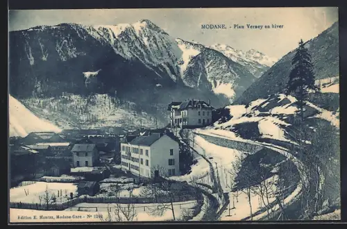 AK Modane, Plan Verney en hiver avec vue sur les montagnes enneigées