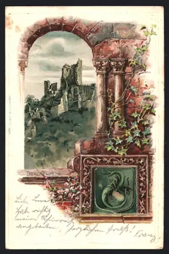 Präge-AK Drachenfels, Ruine aus dem Steinfenster mit Drachenwappen