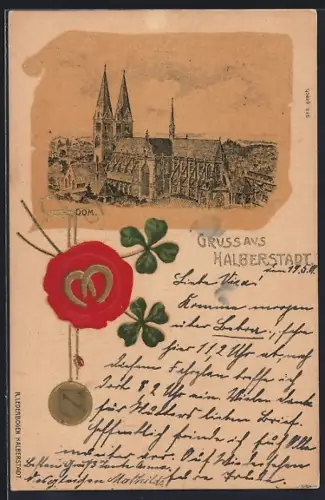 Präge-AK Halberstadt, Blick auf den Dom, Mit Hufeisenblombe