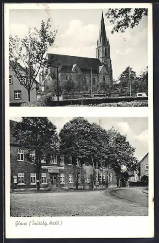 AK Glane / Bad Iburg, Gasthaus von Theodor Tovar, Blick auf die Kirche