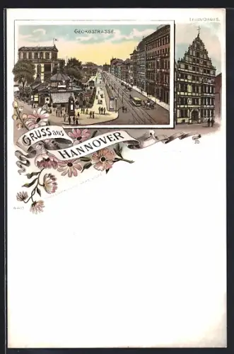 Lithographie Hannover, Georgenstrasse, Leibnizhaus