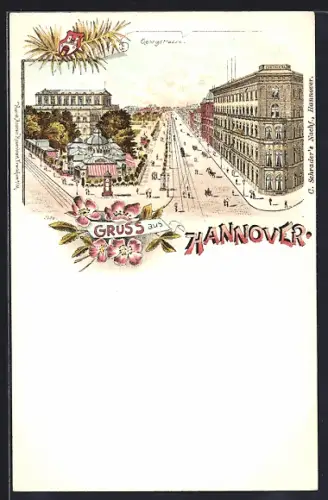 Lithographie Hannover, Georgstrasse mit Passanten
