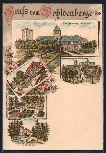 Lithographie Wohldenberg, Restaurant Wohldenberg mit Gartenansicht, Jägerhaus, Schloss