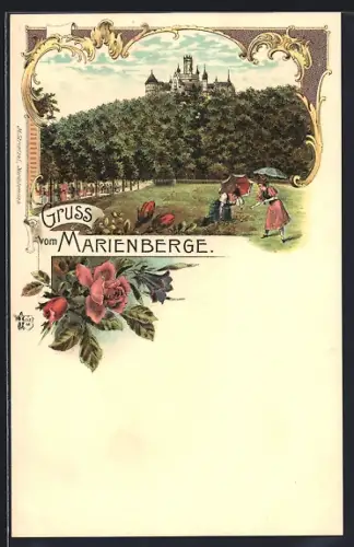 Lithographie Marienberge, Parkanlagen mit Blick zum Schloss