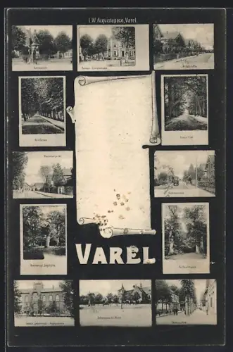 AK Varel / Oldenburg, Schlossplatz, Rathaus in der Drostenstrasse, Mühlenstrasse, Töchterschule und Amalienplatz