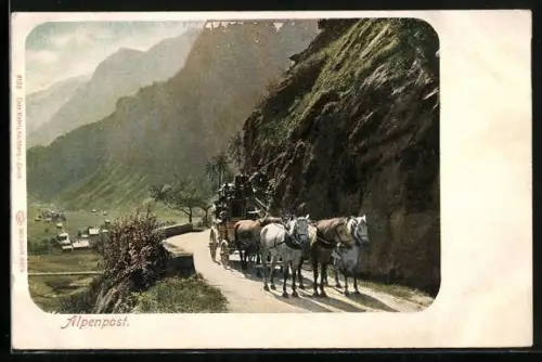 AK Alpenpost, fünf Pferde ziehen Postkutsche am Berg