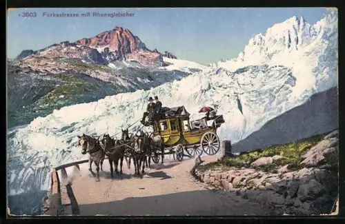 AK Postkutsche auf der Furkastrasse mit Rhonegletscher