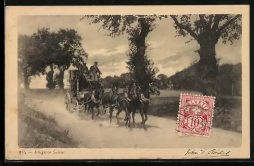 AK Schweizer Postkutsche auf einer Landstrasse