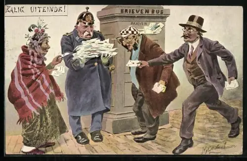 AK Polizist und Bürger vor einem überfüllten Briefkasten, Zalig Uiteinde!