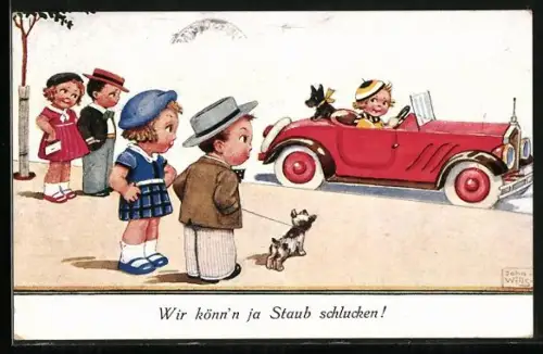 Künstler-AK John Wills: Wir könn`n ja Staub schlucken, Junge Frau fährt im Auto vorbei