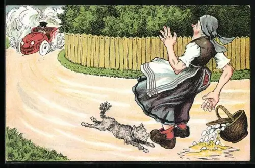 Lithographie Bäuerin erschrickt vor dem heranbrausenden Auto