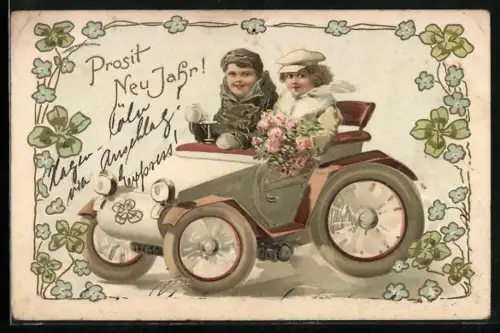 AK zwei Kinder in einem Auto, Neujahr, Klee, Vergissmeinnicht