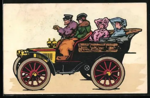 Künstler-AK M. Munk Nr. 245: Automobilisten bei einer Spritztour