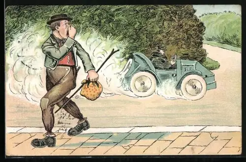 AK Auto auf der Landstrasse, Wanderer beschwert sich über den Gestank