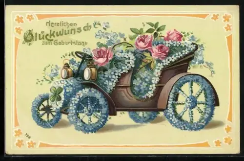 AK Blumen-Auto gefüllt mit Vergissmeinnicht und Rosen, Glückwunsch zum Geburtstag
