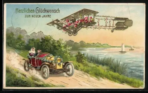 AK Blumengeschmücktes Flugzeug fliegt über ein fahrendes Auto, Neujahrsgruss